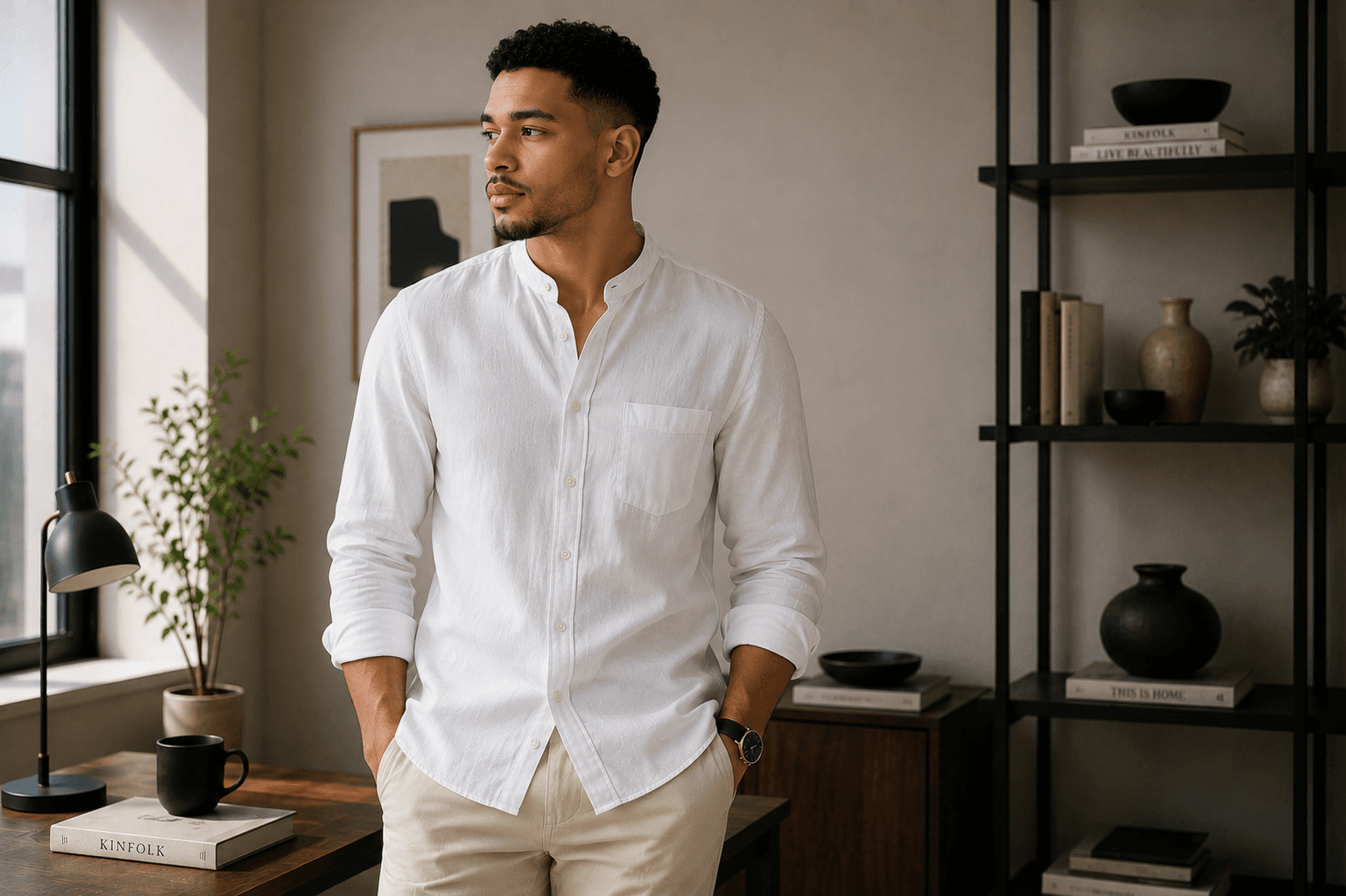 Man wearing Tomis half-collar shirt in a modern office setting