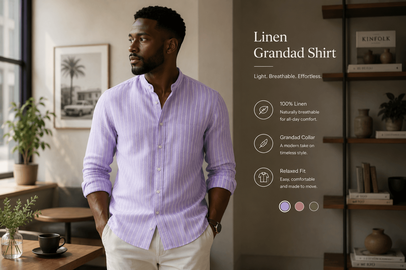 Model wearing Tomis Half-Collar Shirt Lavender with product details