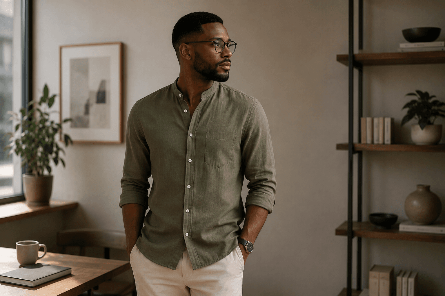Man wearing Tomis olive half-collar shirt with glasses in modern setting