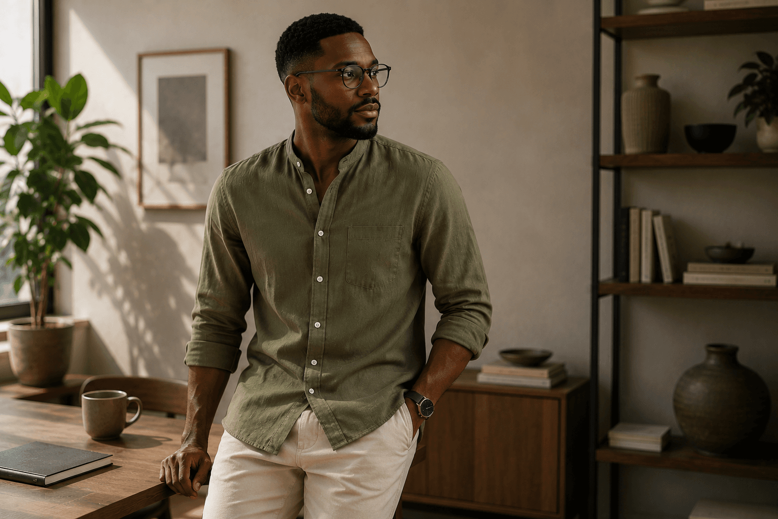 Model wearing Tomis Half-Collar Shirt Olive in interior