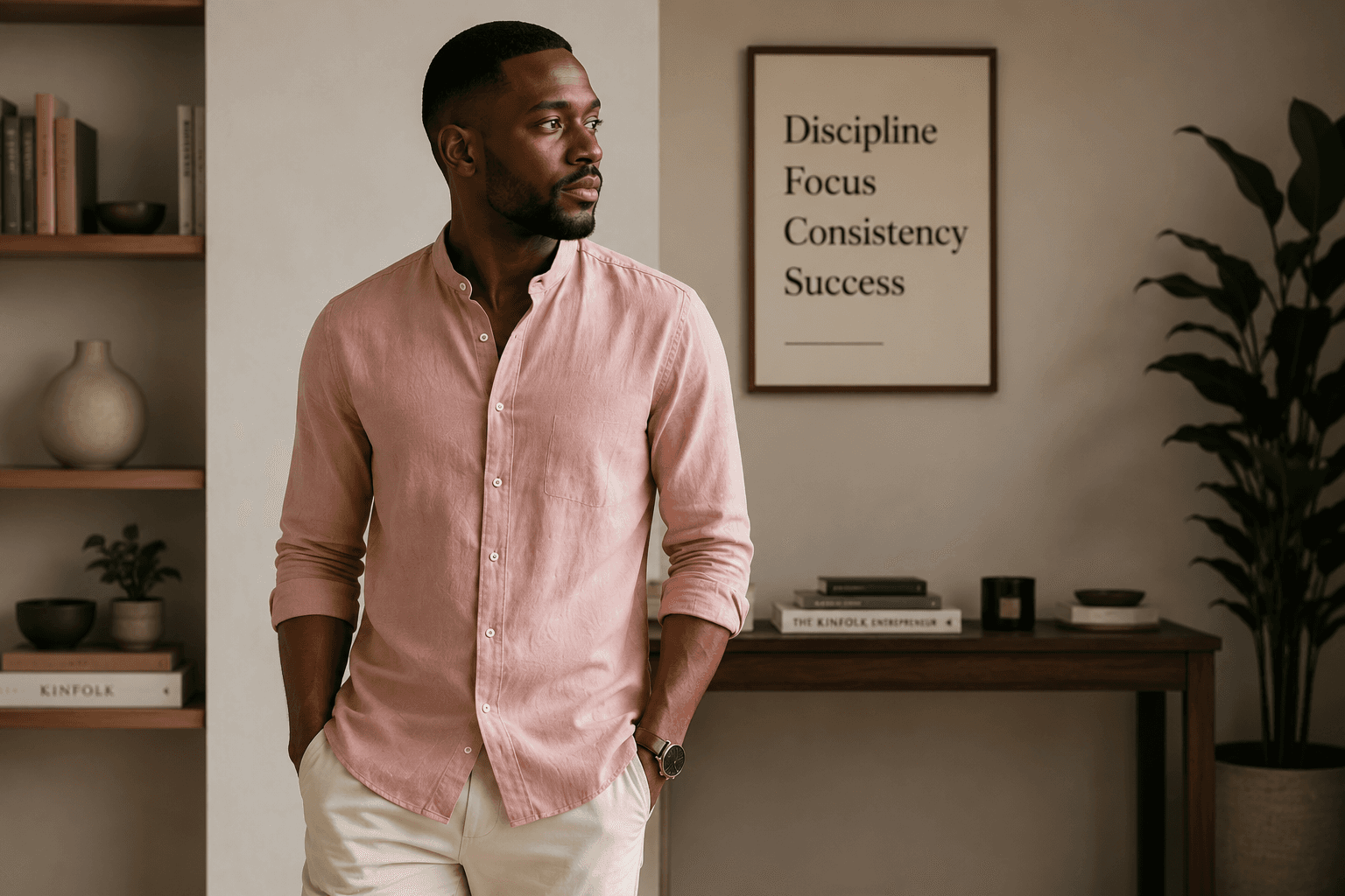 Model wearing Tomis Half-Collar Shirt Sand White