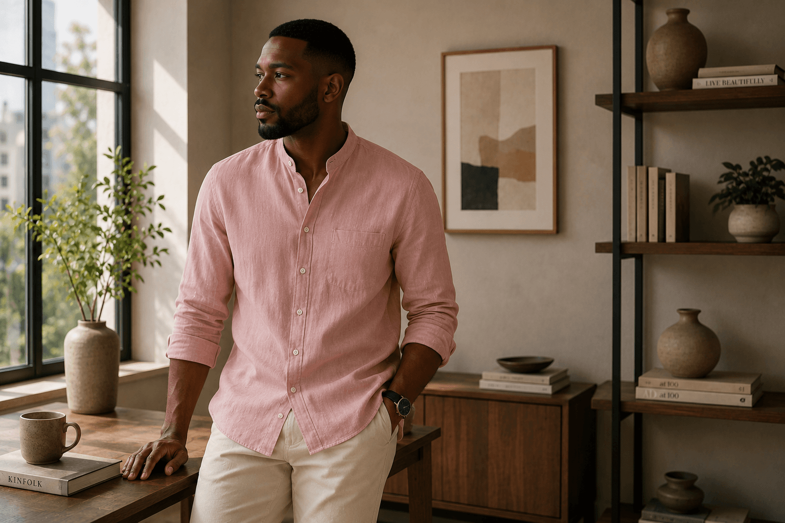 Model wearing Tomis Half-Collar Shirt Pink in office