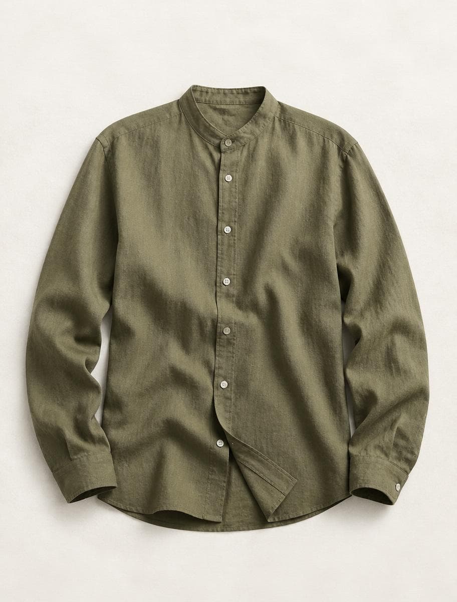 Tomis Olive half-collar shirt flat lay product photo